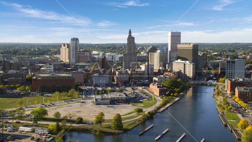 Skyscrapers beside the Providence River in Downtown Providence, Rhode Island Aerial Stock Photo AX145_035.0000034 | Axiom Images