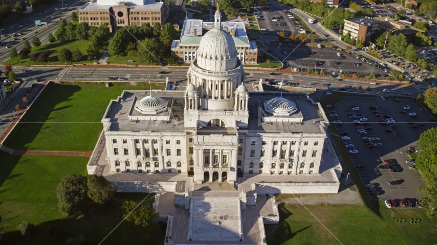 A close-up view of the Rhode Island State House, Providence, Rhode Island Aerial Stock Photo AX145_041.0000362 | Axiom Images