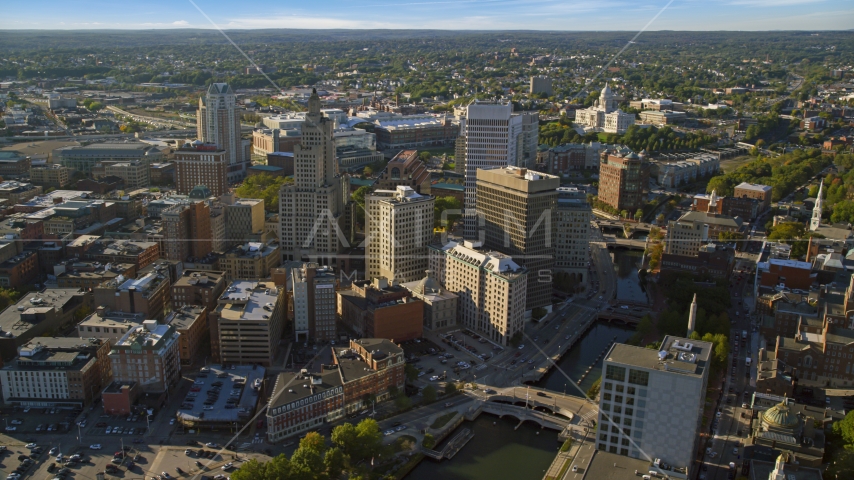 Downtown city buildings and skyscrapers, Downtown Providence, Rhode Island Aerial Stock Photo AX145_045.0000228 | Axiom Images