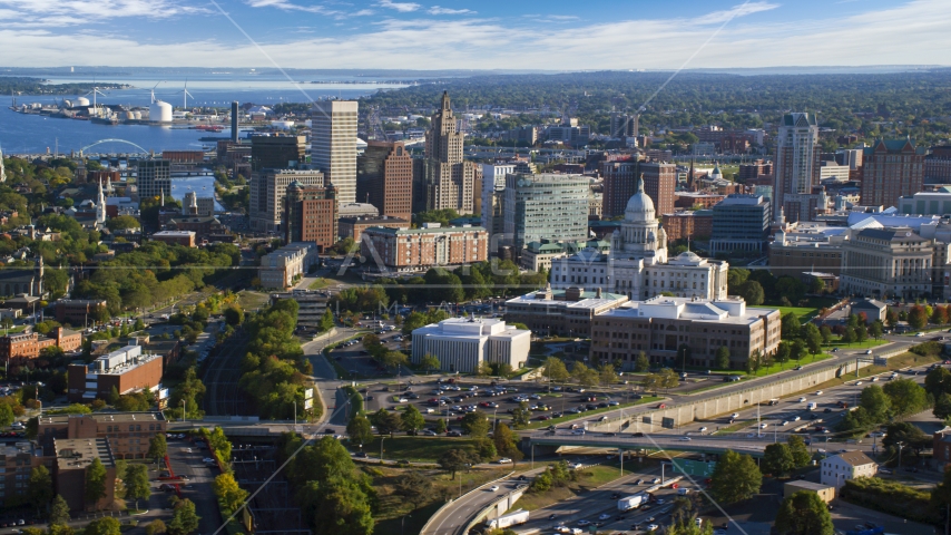 The Rhode Island State House, and skyscrapers in Downtown Providence, Rhode Island Aerial Stock Photo AX145_054.0000000 | Axiom Images