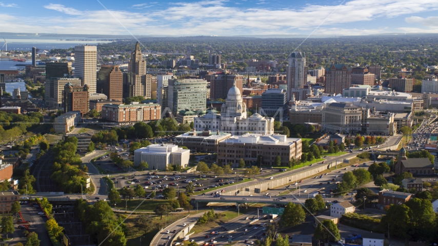 The Rhode Island State House near tall skyscrapers in Downtown Providence, Rhode Island Aerial Stock Photo AX145_054.0000255 | Axiom Images