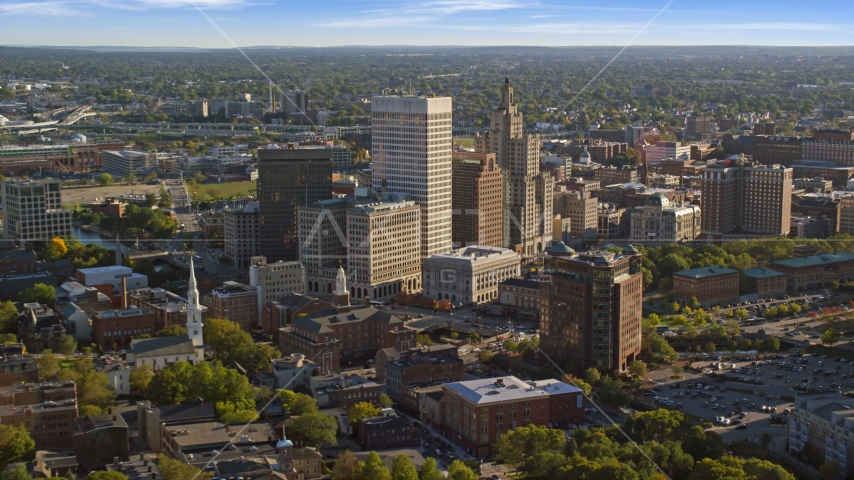 Downtown Providence tall skyscrapers, Rhode Island Aerial Stock Photo AX145_076.0000111 | Axiom Images