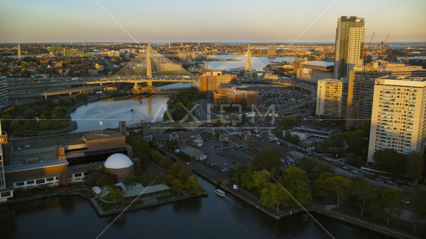 The Zakim Bridge in Boston, Massachusetts, sunset Aerial Stock Photo AX146_071.0000000F | Axiom Images