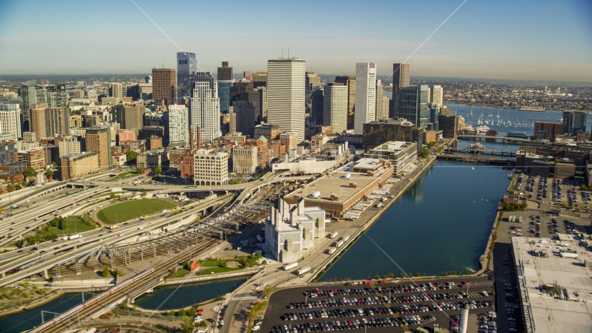 Downtown Boston skyscrapers near Fort Point Channel, Massachusetts Aerial Stock Photo AX147_007.0000030 | Axiom Images