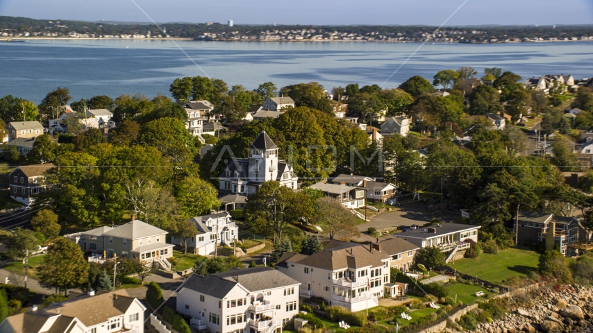 Houses in a coastal community on a peninsula, Nahant, Massachusetts Aerial Stock Photo AX147_017.0000149 | Axiom Images