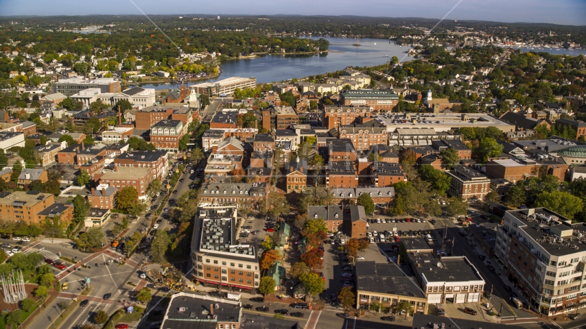 Brick office and apartment buildings in autumn, Salem, Massachusetts Aerial Stock Photo AX147_041.0000000 | Axiom Images