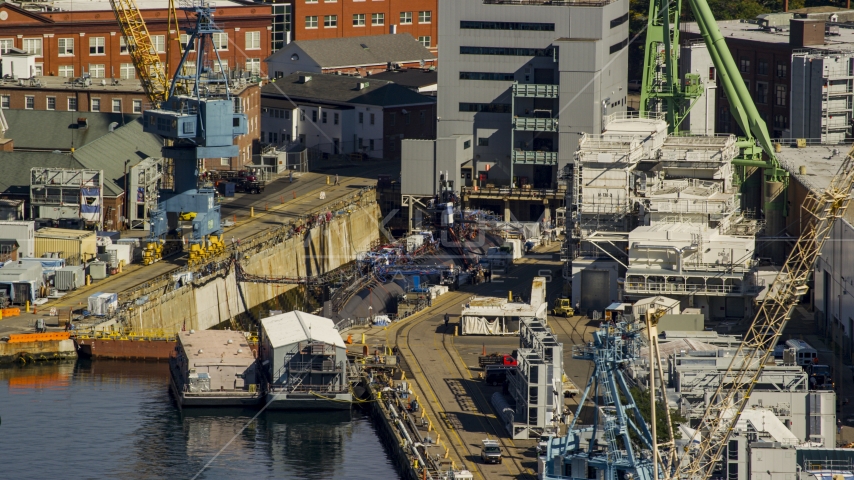 A submarine in a naval shipyard, Kittery, Maine Aerial Stock Photo AX147_188.0000083 | Axiom Images