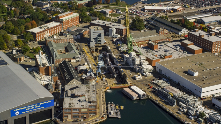 Submarine docked at Portsmouth Naval Shipyard, Kittery, Maine Aerial Stock Photo AX147_202.0000178 | Axiom Images