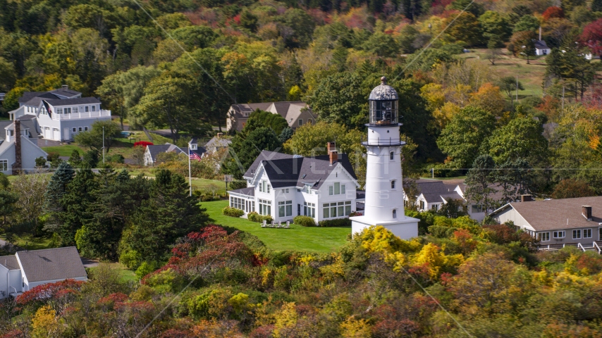 Cape Elizabeth Light in a coastal town in autumn, Cape Elizabeth, Maine Aerial Stock Photo AX147_306.0000000 | Axiom Images