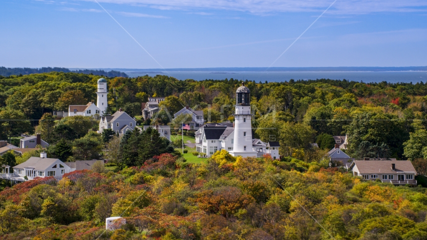 Cape Elizabeth Light in a coastal town in autumn, Cape Elizabeth, Maine Aerial Stock Photo AX147_306.0000113 | Axiom Images