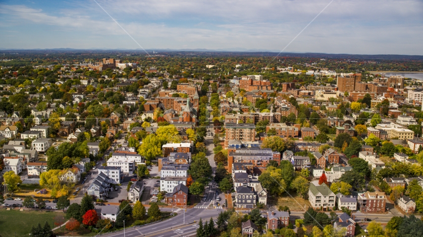 Apartments and Saint Dominics Roman Catholic Church, autumn, Portland, Maine Aerial Stock Photo AX147_325.0000213 | Axiom Images