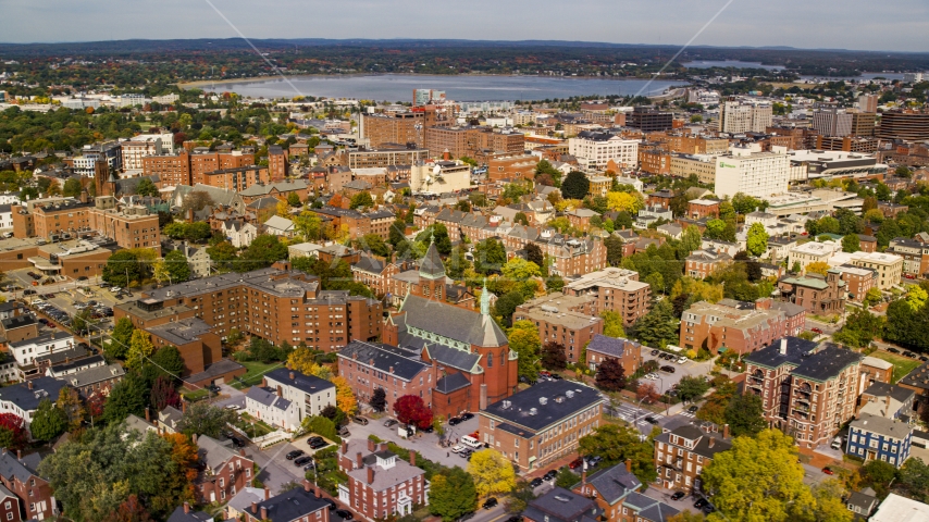 A view of apartments near Saint Dominics Roman Catholic Church, autumn, Portland, Maine Aerial Stock Photo AX147_326.0000187 | Axiom Images