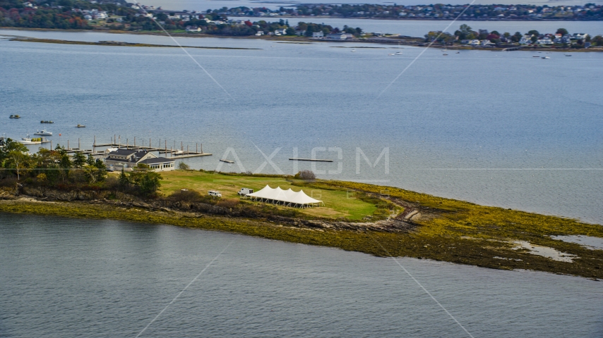 A pavilion on an island, autumn, Harpswell, Maine Aerial Stock Photo AX147_374.0000015 | Axiom Images