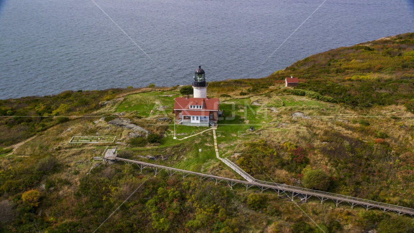 Seguin Light on Seguin Island with autumn foliage, Phippsburg, Maine Aerial Stock Photo AX147_390.0000033 | Axiom Images