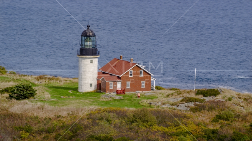 Seguin Light on Seguin Island, autumn foliage, Phippsburg, Maine Aerial Stock Photo AX147_393.0000000 | Axiom Images