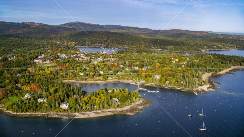 A small coastal town in autumn, Northeast Harbor, Mount Desert Island, Maine Aerial Stock Photo AX148_163.0000000 | Axiom Images