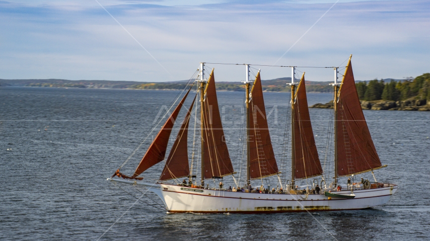 A sailing ship in Bar Harbor, Maine Aerial Stock Photo AX148_196.0000086 | Axiom Images