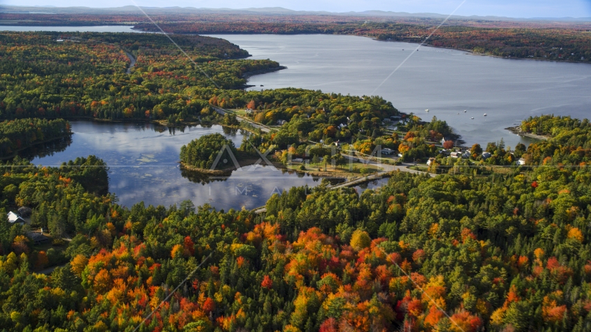 Fall foliage around a pond and coastal town, Bar Harbor, Maine Aerial Stock Photo AX148_230.0000028 | Axiom Images