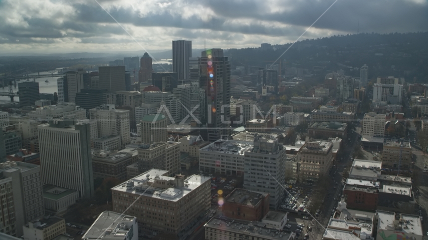 Park Avenue West Tower and skyscrapers in Downtown Portland, Oregon Aerial Stock Photo AX153_046.0000327F | Axiom Images