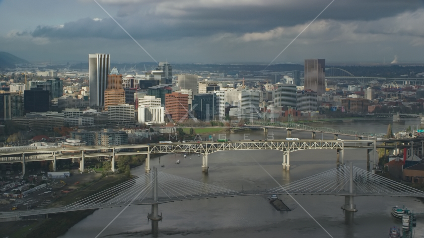 Bridge over the Willamette River and the city skyline, autumn, Downtown Portland, Oregon Aerial Stock Photo AX153_051.0000161F | Axiom Images