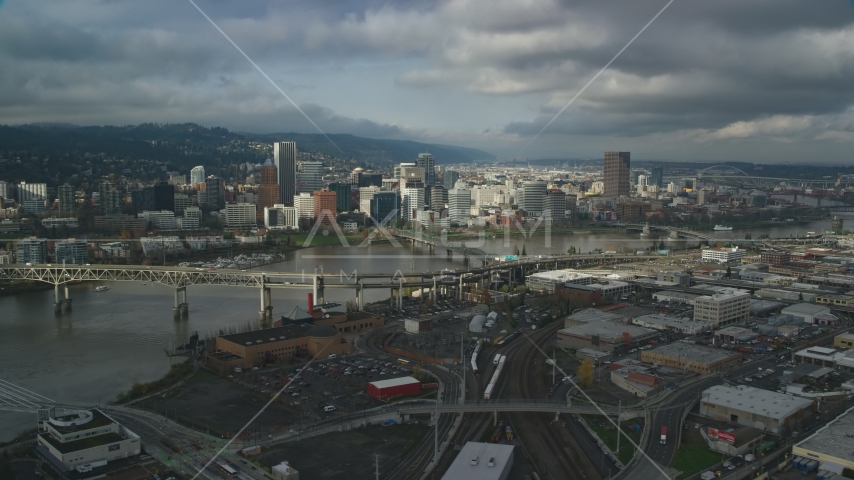 Willamette River and bridges with a view of Downtown Portland in autumn, Oregon Aerial Stock Photo AX153_053.0000346F | Axiom Images