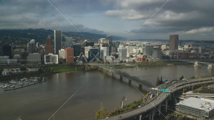 The Marquam Bridge and skyscrapers in Downtown Portland, Oregon Aerial Stock Photo AX153_054.0000322F | Axiom Images