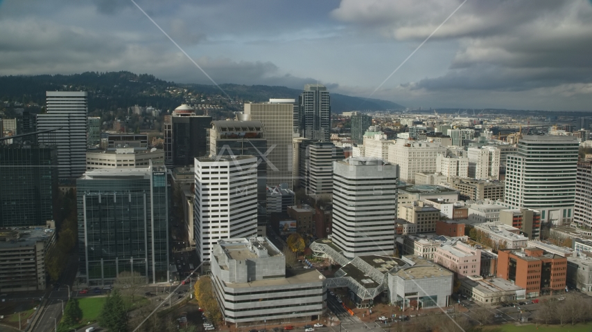 World Trade Center Portland and high-rises in autumn, Downtown Portland, Oregon Aerial Stock Photo AX153_056.0000000F | Axiom Images