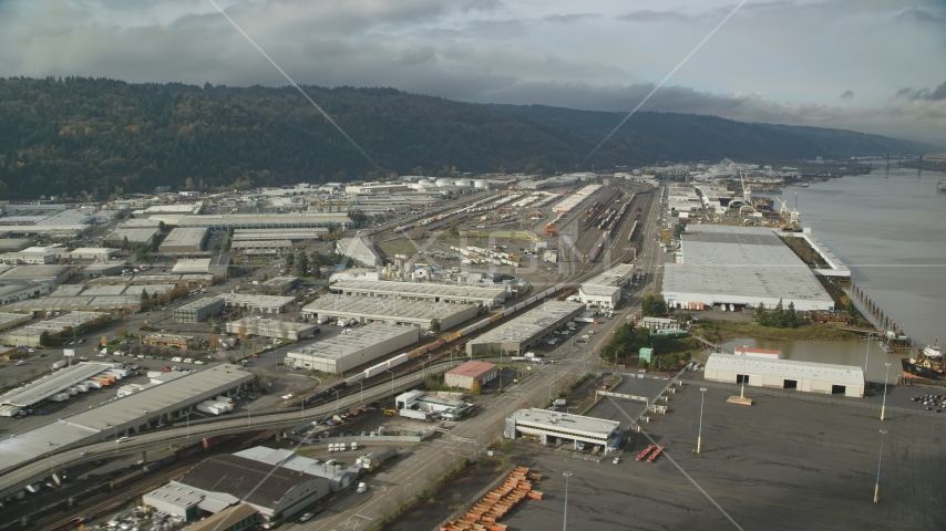 Riverfront warehouses in autumn, Northwest Portland, Oregon Aerial Stock Photo AX153_059.0000361F | Axiom Images