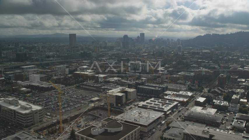 Warehouses, parking lots, office buildings near Downtown, Northwest Portland, Oregon Aerial Stock Photo AX153_067.0000308F | Axiom Images