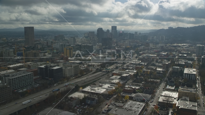 I-405 and Downtown Portland skyscrapers in Oregon Aerial Stock Photo AX153_068.0000354F | Axiom Images