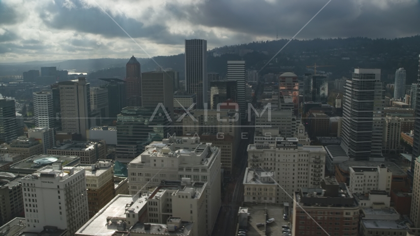 Wells Fargo Center and tall skyscrapers in Downtown Portland, Oregon Aerial Stock Photo AX153_071.0000053F | Axiom Images
