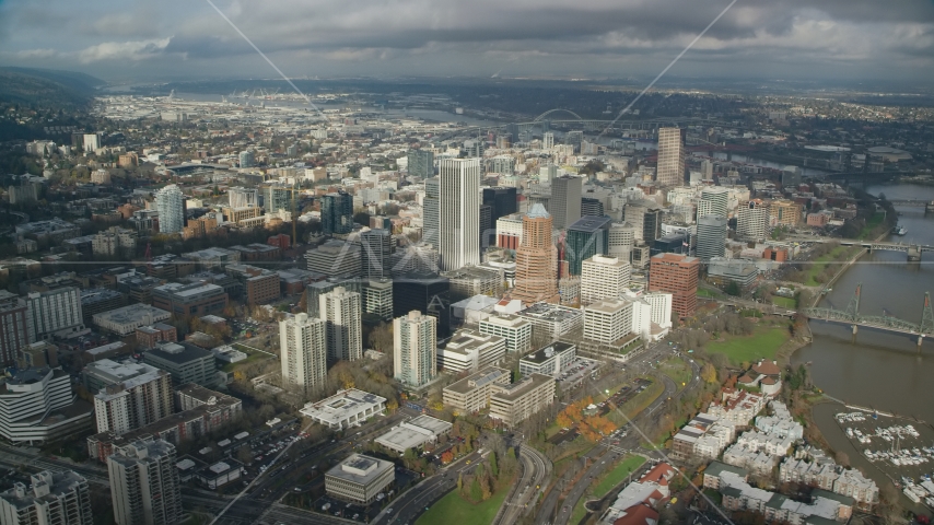 The tall high-rises of Downtown Portland, Oregon Aerial Stock Photo AX153_073.0000000F | Axiom Images