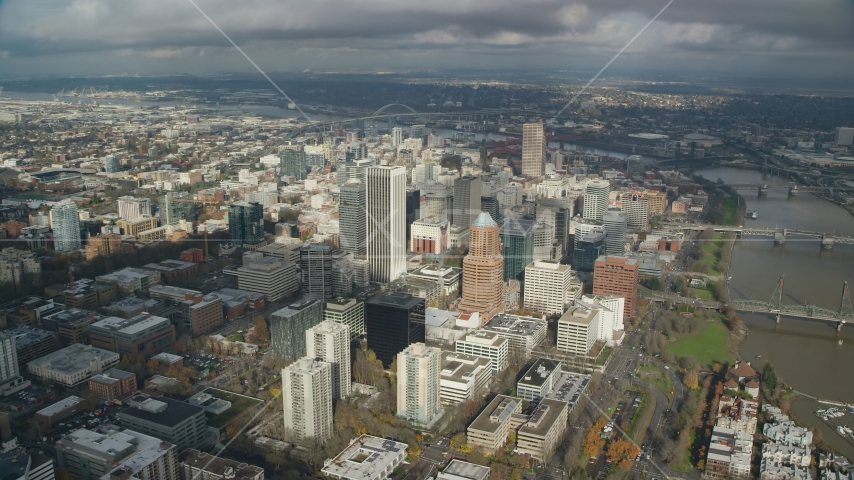 Downtown Portland's tall skyscrapers and high-rises, Oregon Aerial Stock Photo AX153_073.0000129F | Axiom Images