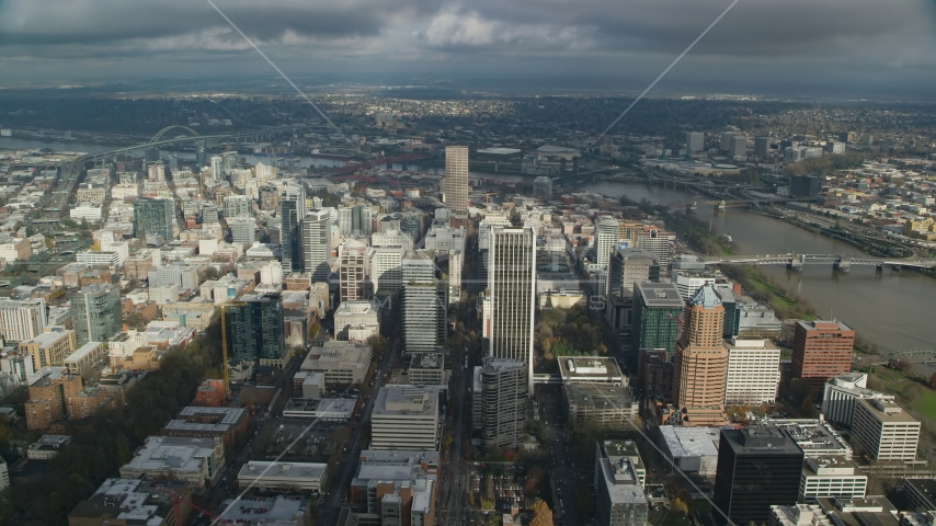 Skyscrapers near the Willamette River in Downtown Portland, Oregon Aerial Stock Photo AX153_074.0000217F | Axiom Images