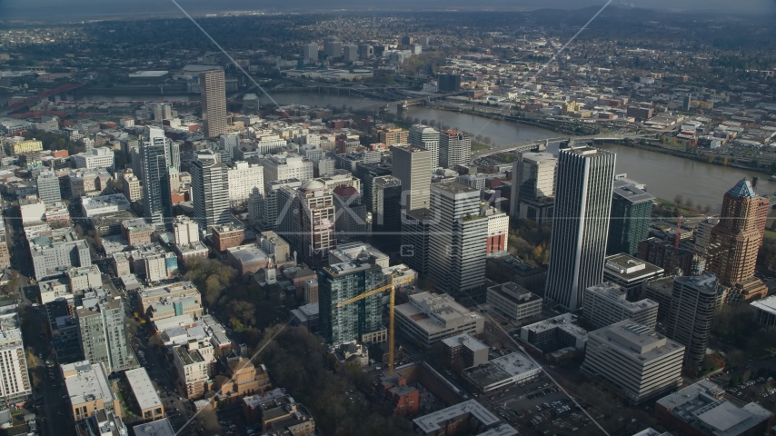 Skyscrapers in Downtown Portland, Oregon and the Willamette River Aerial Stock Photo AX153_075.0000211F | Axiom Images