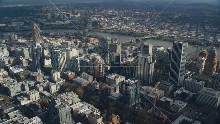 High-rises buildings in Downtown Portland, Oregon near the Willamette River Aerial Stock Photo AX153_075.0000333F | Axiom Images