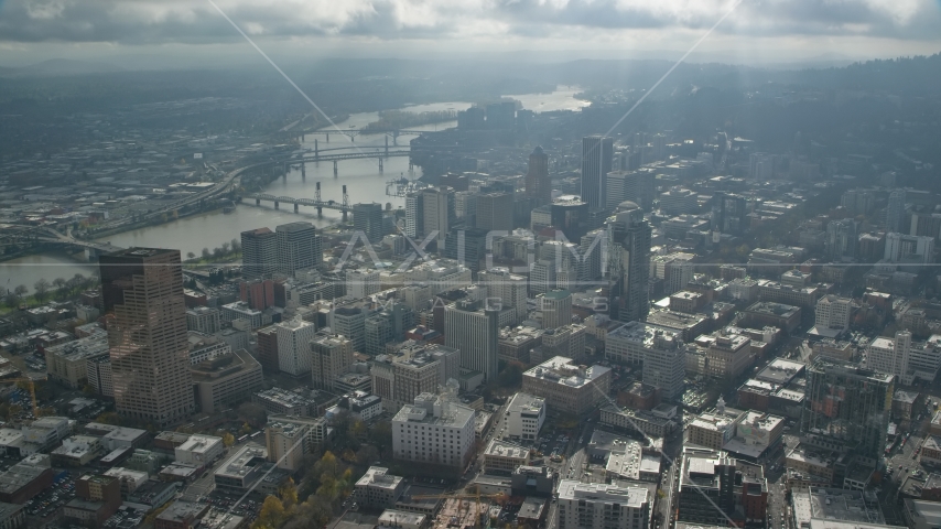 Bridges spanning the Willamette River and skyscrapers in Downtown Portland, Oregon Aerial Stock Photo AX153_077.0000299F | Axiom Images