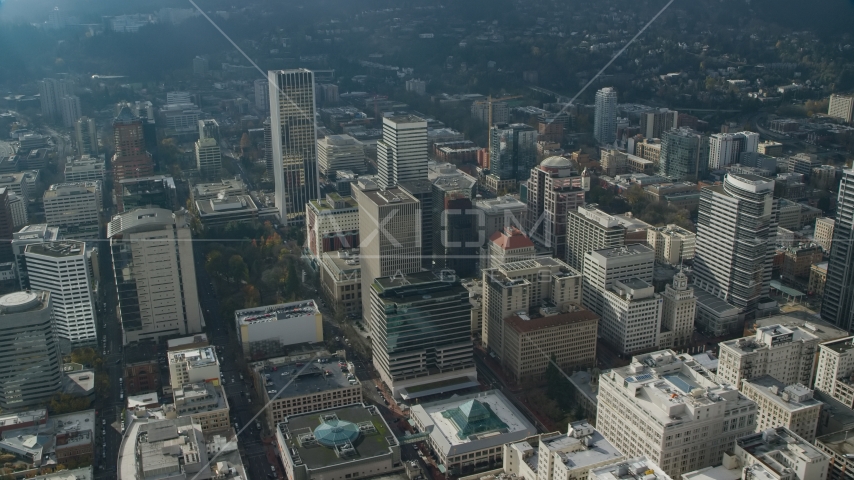 The skyscrapers and city buildings of Downtown Portland, Oregon Aerial Stock Photo AX153_079.0000359F | Axiom Images