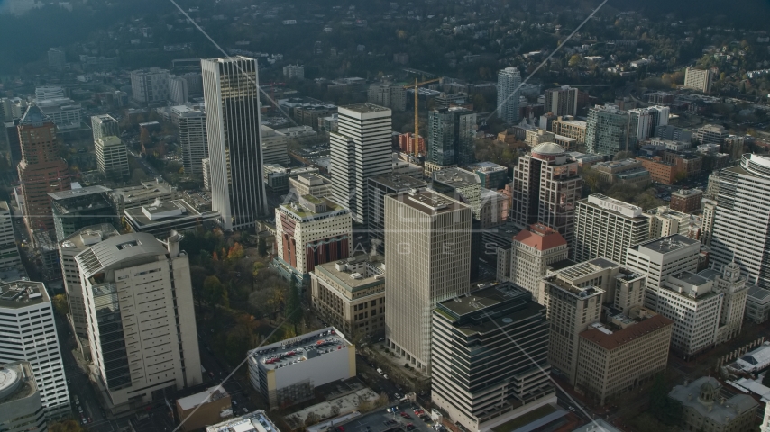 Skyscrapers near Wells Fargo Center in Downtown Portland, Oregon Aerial Stock Photo AX153_080.0000126F | Axiom Images