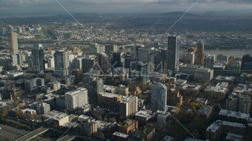 High-rises and skyscrapers in Downtown Portland, Oregon Aerial Stock Photo AX153_088.0000097F | Axiom Images