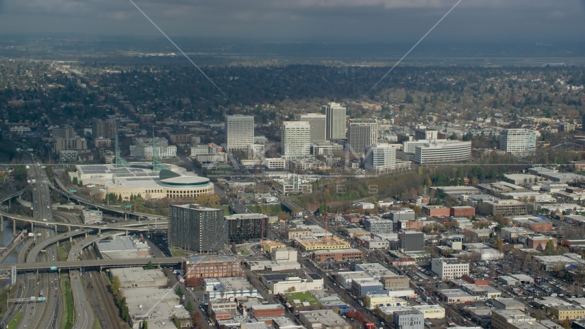 Oregon Convention Center and office buildings in the Lloyd District of Portland, Oregon Aerial Stock Photo AX153_091.0000000F | Axiom Images