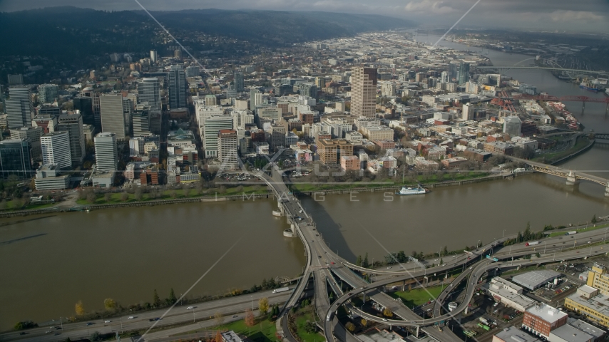 Downtown skyscrapers and the Morrison Bridge in Downtown Portland, Oregon Aerial Stock Photo AX153_092.0000000F | Axiom Images