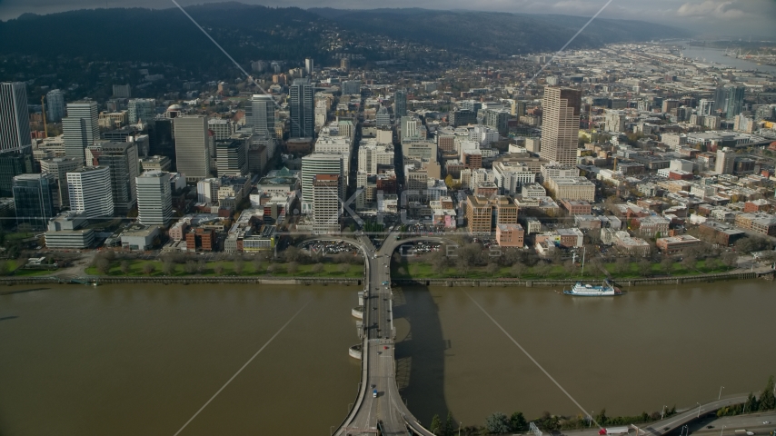 Downtown skyscrapers across the Morrison Bridge in Downtown Portland, Oregon Aerial Stock Photo AX153_092.0000131F | Axiom Images