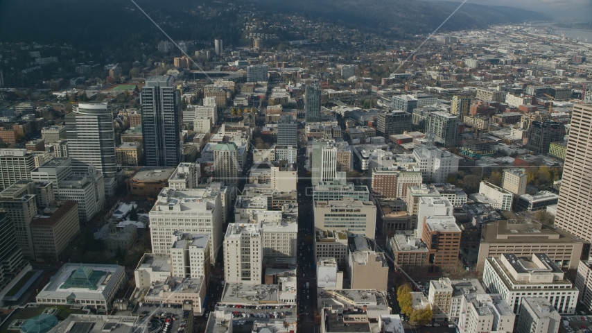 Office buildings on Washington Street in Downtown Portland, Oregon Aerial Stock Photo AX153_094.0000024F | Axiom Images