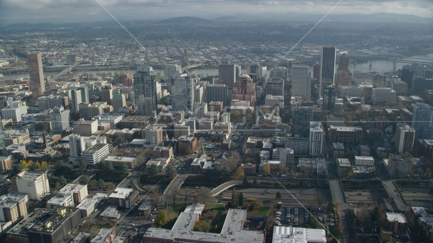 Skyscrapers in the Downtown Portland area, Oregon Aerial Stock Photo AX153_097.0000137F | Axiom Images