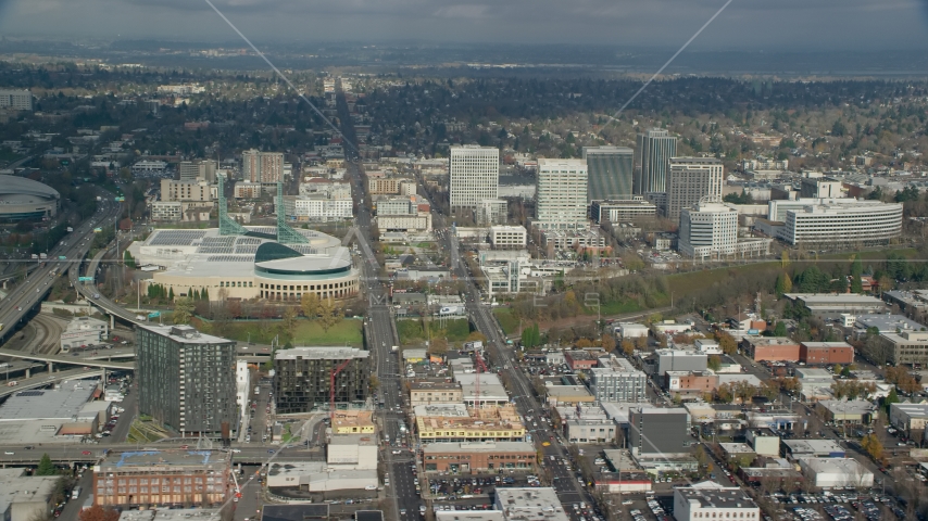 Oregon Convention Center beside office buildings in Lloyd District, Portland, Oregon Aerial Stock Photo AX153_100.0000327F | Axiom Images