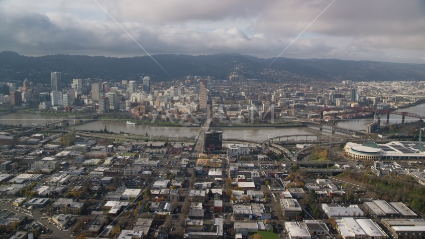 The Burnside Bridge leading to Downtown Portland, Oregon Aerial Stock Photo AX153_103.0000249F | Axiom Images