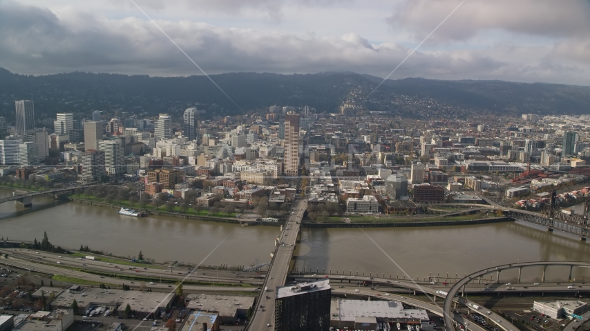 The Burnside Bridge leading to Downtown Portland, Oregon Aerial Stock Photo AX153_104.0000287F | Axiom Images