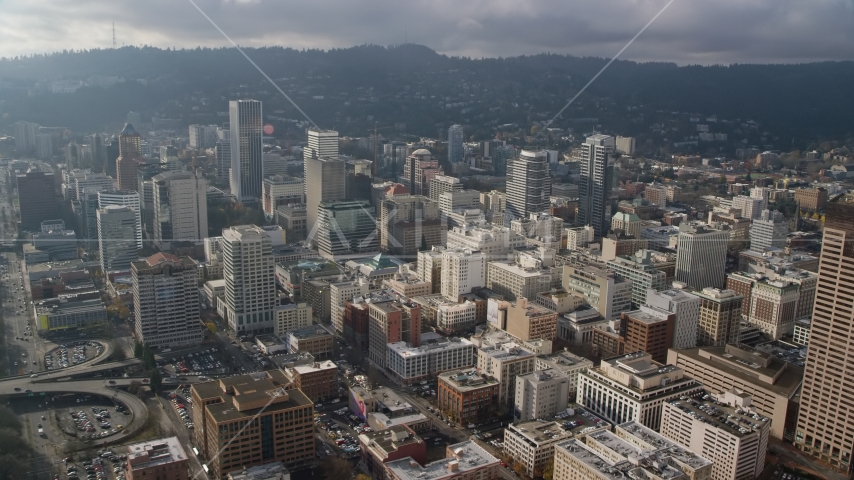 The high-rises of Downtown Portland, Oregon Aerial Stock Photo AX153_105.0000355F | Axiom Images