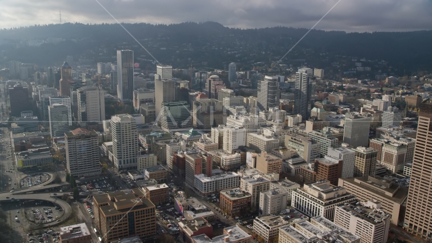 Tall downtown high-rises in Downtown Portland, Oregon Aerial Stock Photo AX153_106.0000000F | Axiom Images